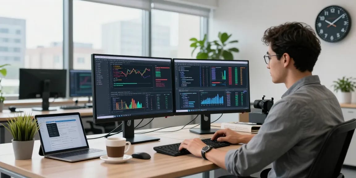 Dynamic tech workspace showcasing multi-contract futures batch API in action with developer and analytics.