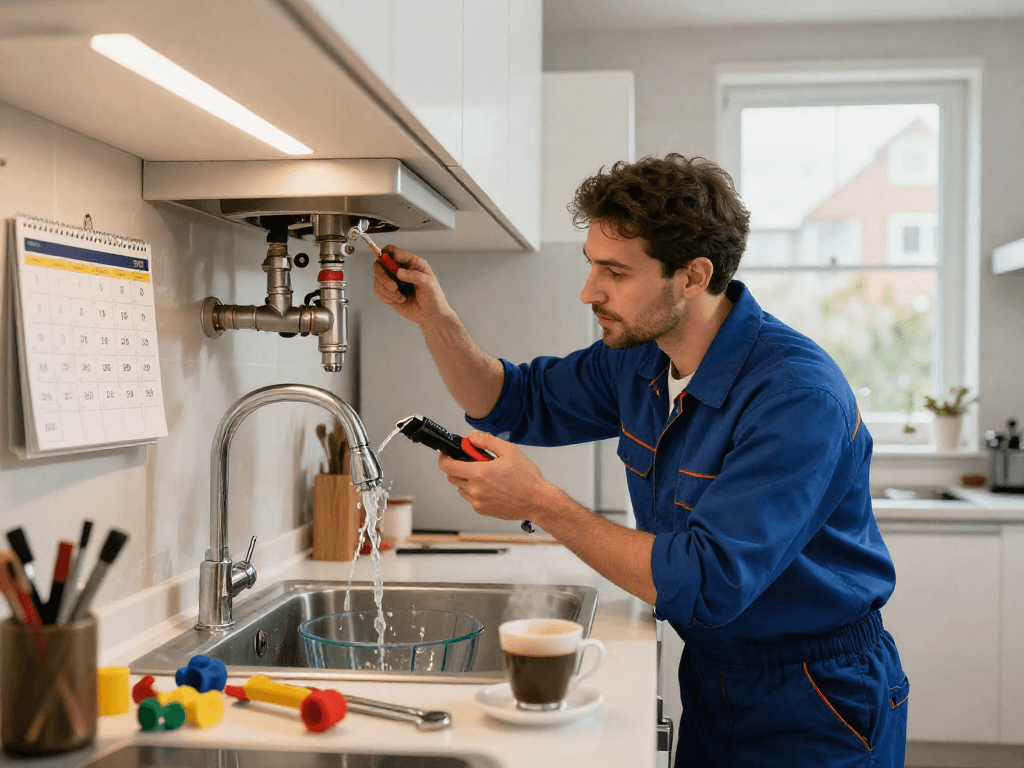 Emergency plumber Fort Worth assessing a kitchen sink leak with tools and a calm focus in a modern home.