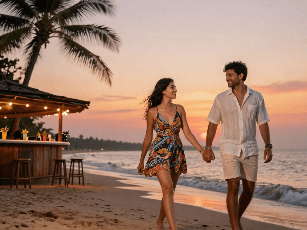 Beautiful young woman walking on Goa beach at sunset, showcasing the escort service in Goa vibe.