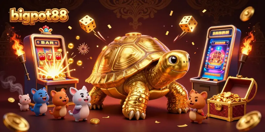 bigpot88 menghadirkan ilustrasi kasino 3D yang penuh warna dengan hewan kecil bersemangat dan mesin slot yang meledak.
