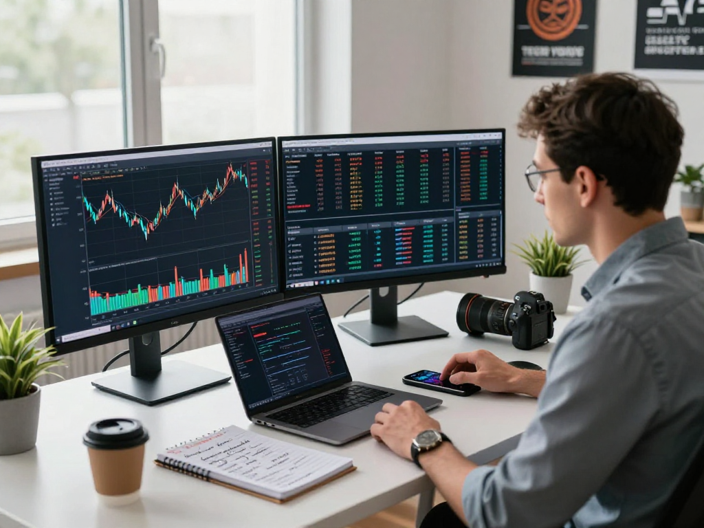 Trader using TradingView at a dual-monitor workspace for effective market analysis.
