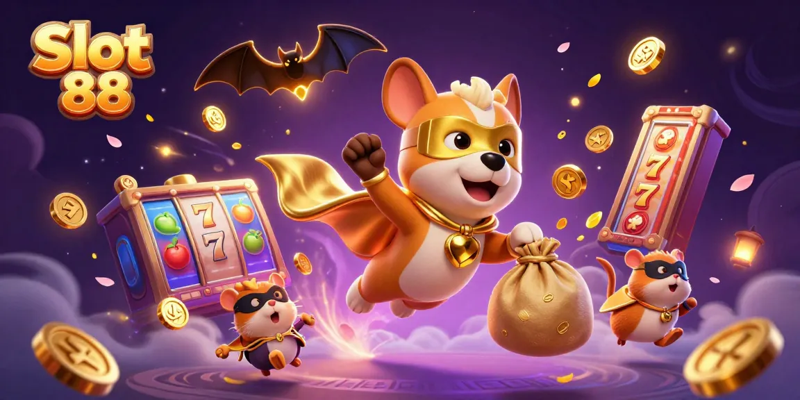 Spin the reels with Slot 88 in an action-packed 3D cartoon casino scene filled with coins and prizes.