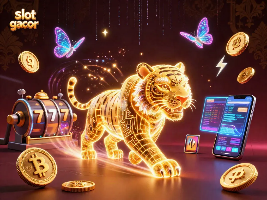 Engage with slot gacor in this vibrant 3D casino illustration showcasing a golden tiger and cryptocurrency elements.