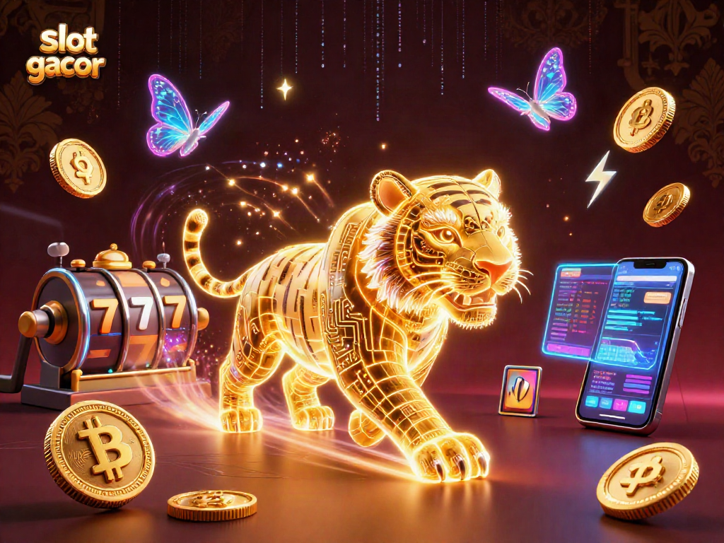 Engage with slot gacor in this vibrant 3D casino illustration showcasing a golden tiger and cryptocurrency elements.