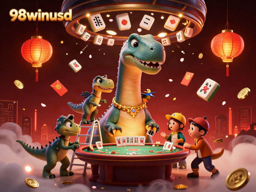Experience the vibrant casino world with 98winusd featuring a giant brontosaurus watching a poker game.