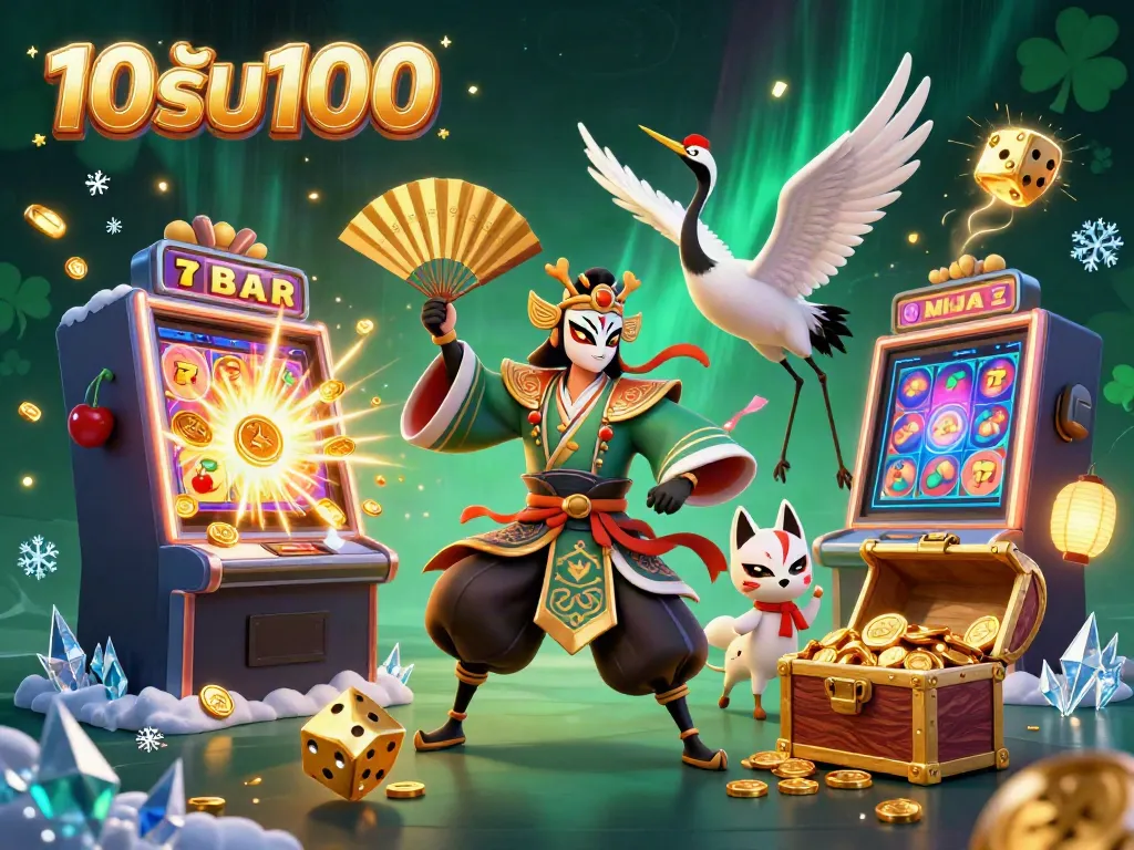 โปรสล็อต 10รับ100 โดยมีนักรบคาบูกิ คราน และหน้ากากคิตซึเนะ สวมชุดประดับพร้อมโชว์สล็อตแมชชีนที่ระเบิดเงินจำนวนมาก