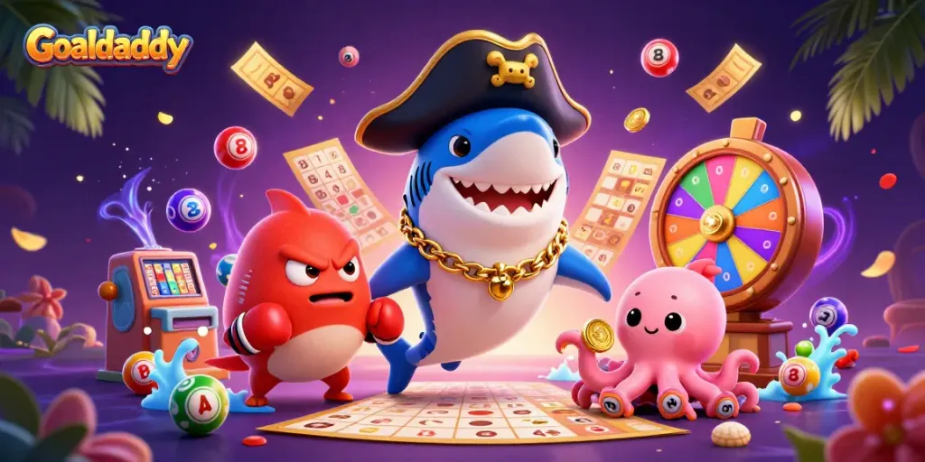 Experience the excitement of Goaldaddy with a vibrant 3D illustration featuring colorful gambling elements and cartoon characters.