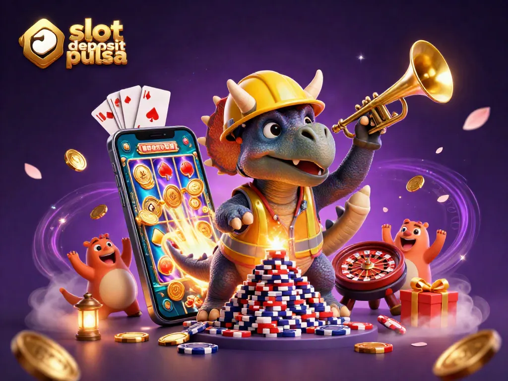 Engaging scene illustrating slot deposit pulsa with a 3D cartoon triceratops, slot gaming elements, and celebration.