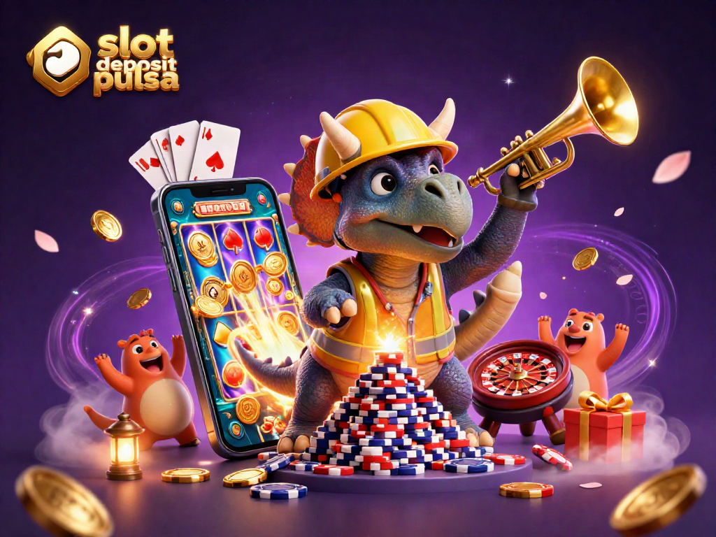 Engaging scene illustrating slot deposit pulsa with a 3D cartoon triceratops, slot gaming elements, and celebration.