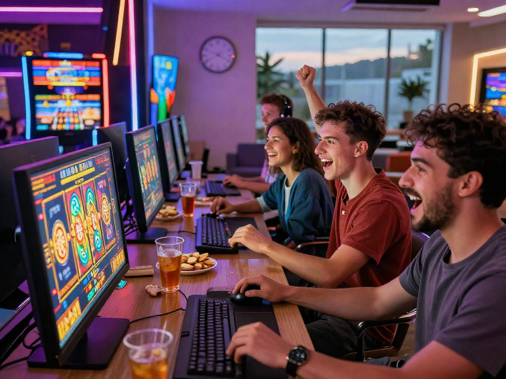 Friends enjoying bandar slot games together in a lively home setting