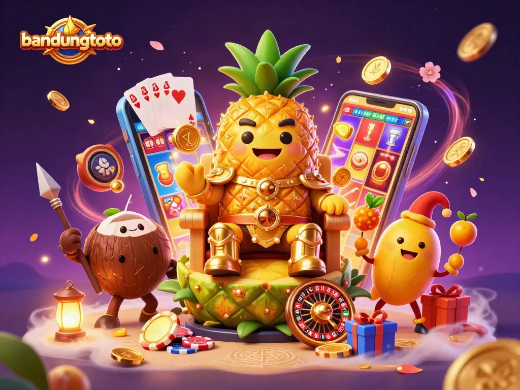 Engage with bandungtoto's thrilling slot games alongside the golden pineapple king in this colorful casino scene.
