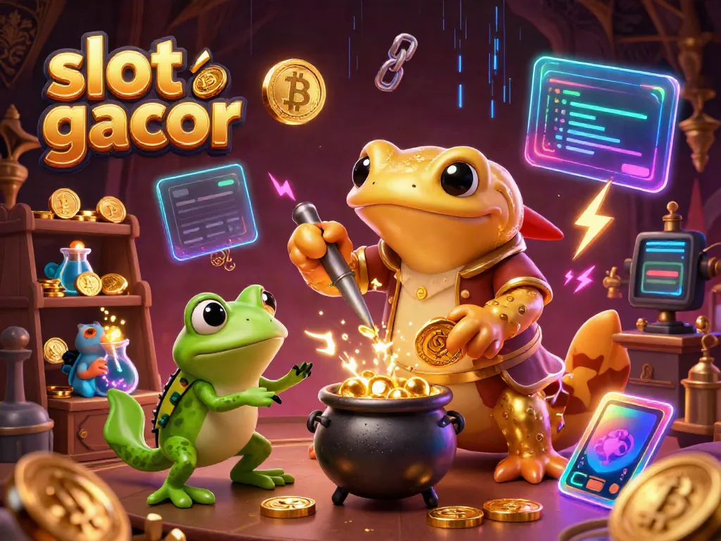 Experience the thrill of slot gacor with a dynamic 3D illustration featuring alchemical elements and jackpot coins.