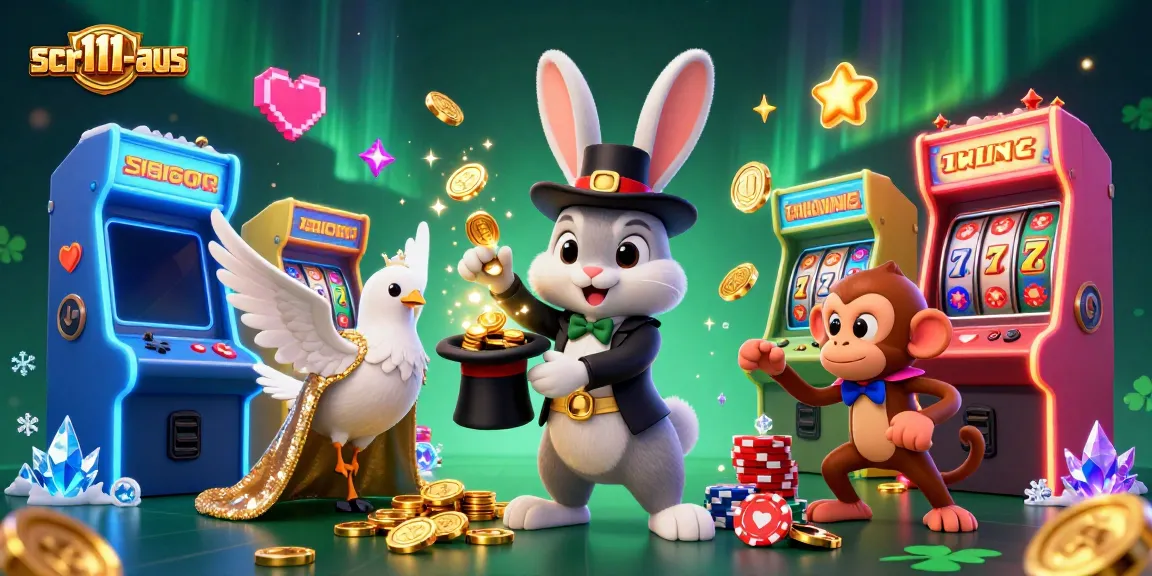 Engage with scr111-aus in a vibrant scene featuring a magician rabbit, dove, and monkey among casino elements.