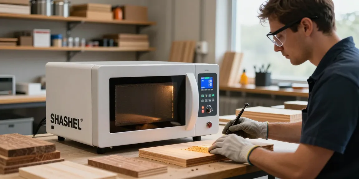 SHASHEL® microwave treatment device effectively eliminating wood-boring insects in a modern workshop.