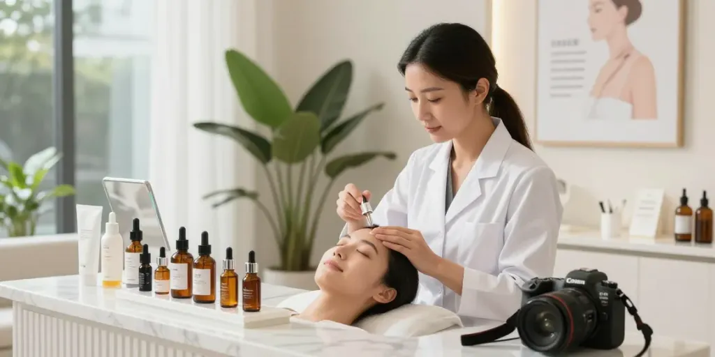 Glow peptide price showcased in a beauty studio with serum application.