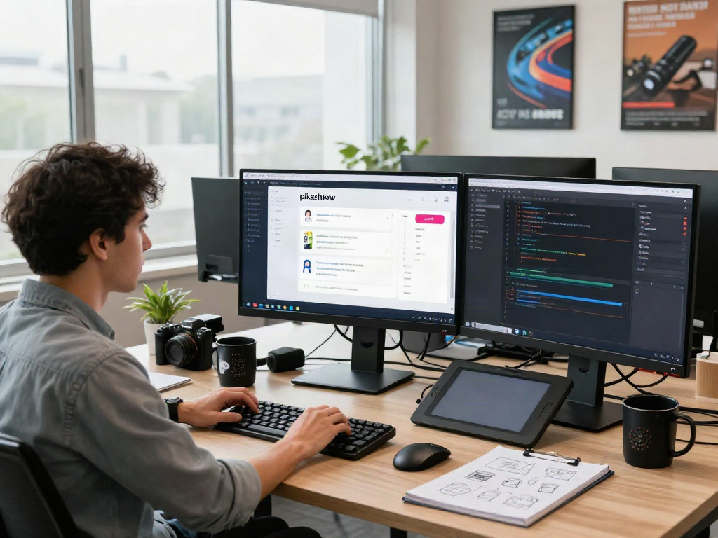 Developers working with the pikashow app in a modern tech workspace