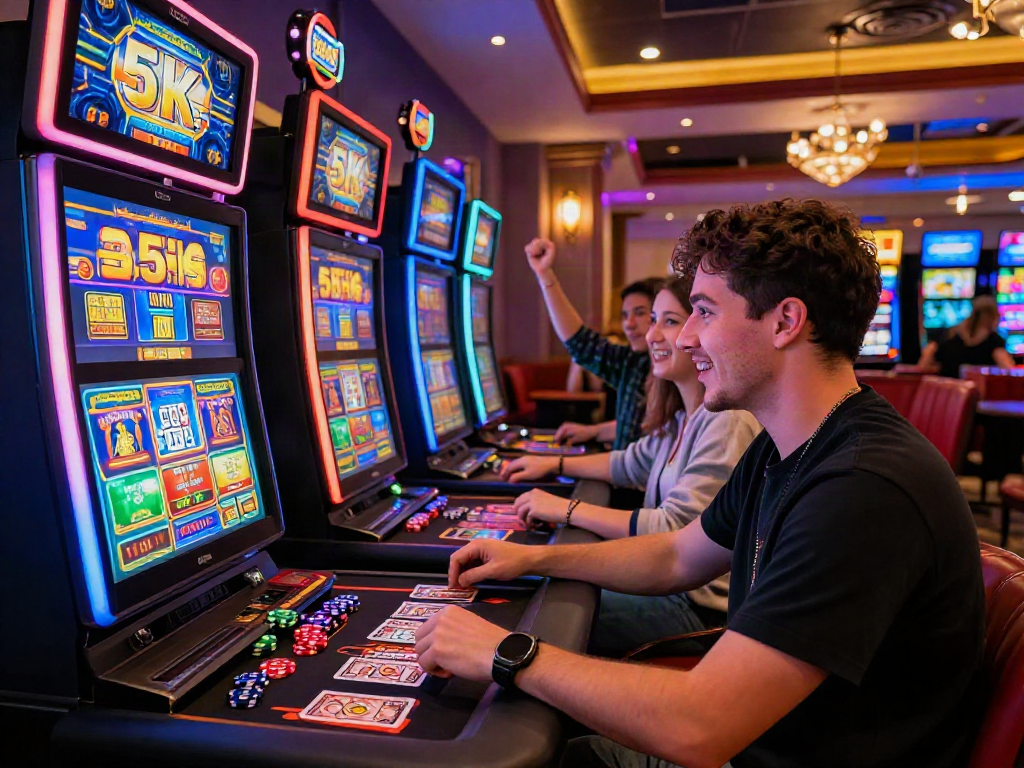 Player enjoying the slot 5k qris in a lively gaming environment surrounded by friends and excitement.
