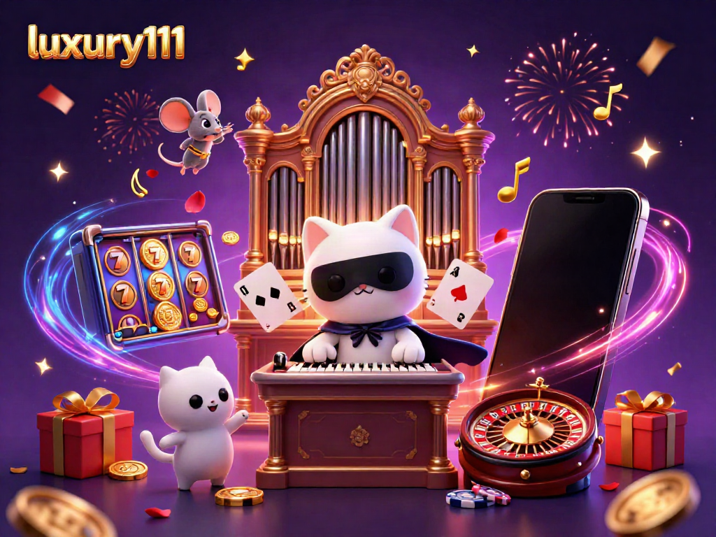 Enjoy thrilling slot adventures with luxury111 in a vibrant casino-themed scene.