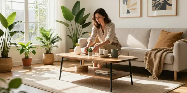 Home The Spruce: A cozy living room with a stylish sofa table and vibrant decor.