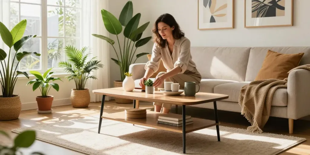 Home The Spruce: A cozy living room with a stylish sofa table and vibrant decor.