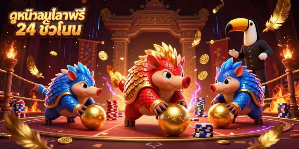 Experience epic gaming action with ดูหนังออนไลน์ฟรี 24 ชั่วโมง featuring pangolins competing in a vibrant casino.