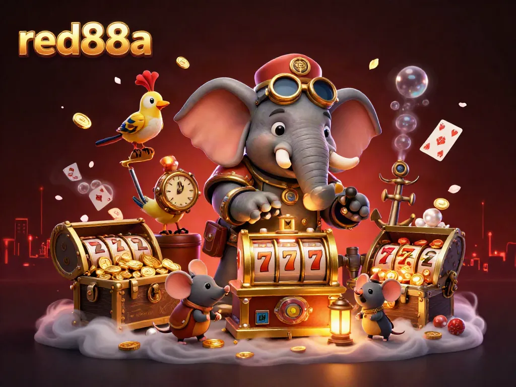 Spin the reels at red88a with this steampunk-themed casino illustration featuring a golden slot machine and vibrant elements.