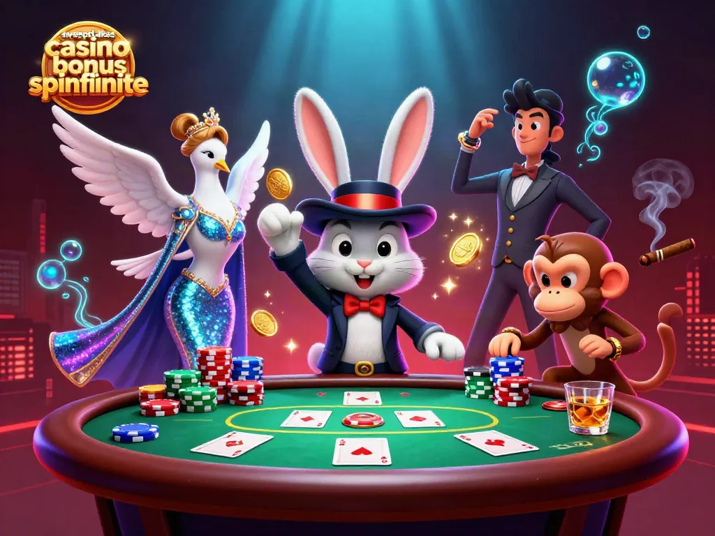 Engage with the sweepstakes casino bonus spinfinite, featuring a magician rabbit with gold coins and poker elements.