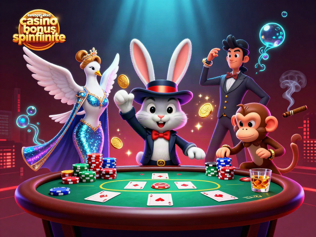 Engage with the sweepstakes casino bonus spinfinite, featuring a magician rabbit with gold coins and poker elements.