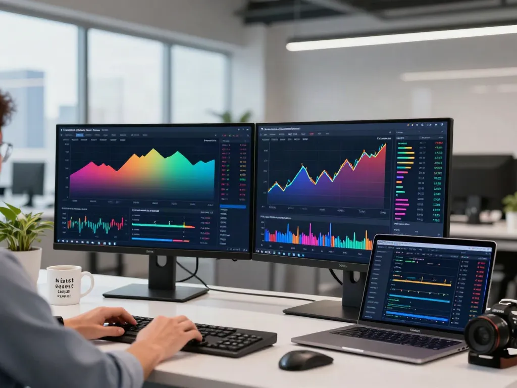Engaged trader using TradingView on dual monitors in a modern workspace.