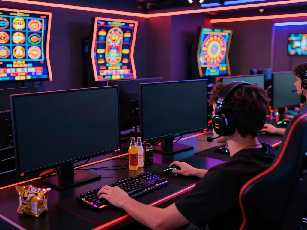 Person enjoying an immersive gaming experience on qqmacan platform with multiple screens displaying vibrant games.