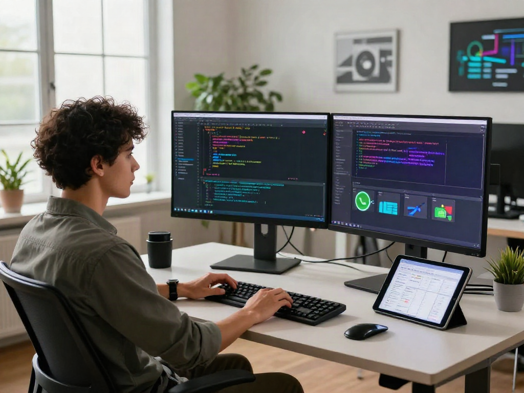 Developer coding gb WhatsApp integration at a modern workspace with dual monitors and tech gadgets.
