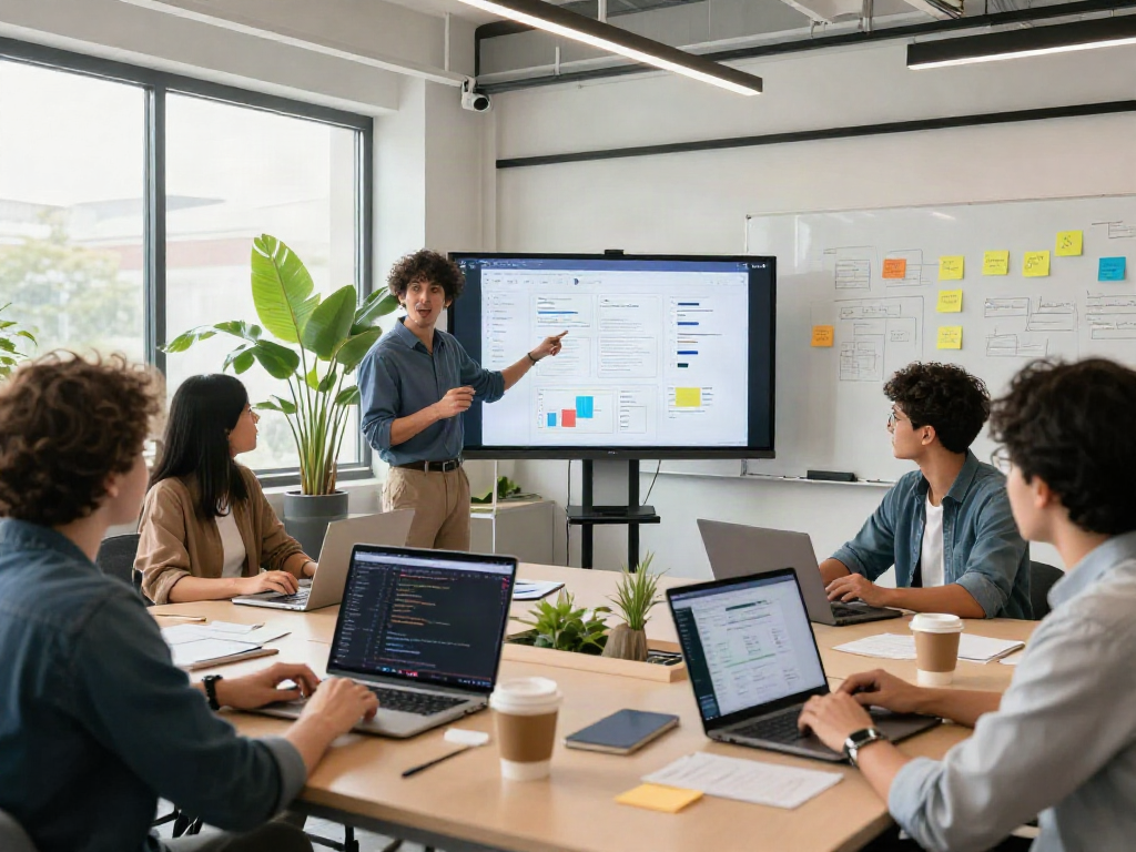 Dynamic mvp development service brainstorming session with startup founders in a modern workspace