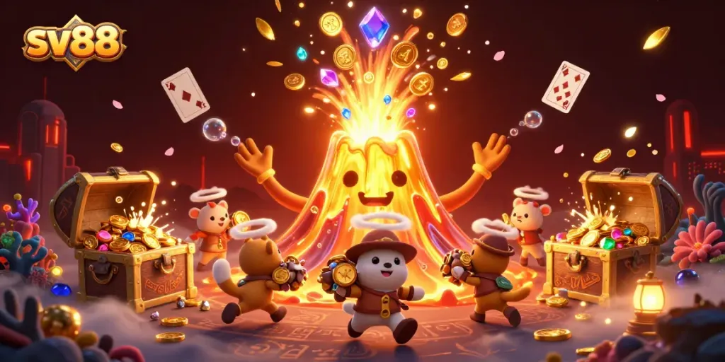 Engage with sv88's thrilling gaming experience, showcasing a victorious volcano and treasure-filled action.