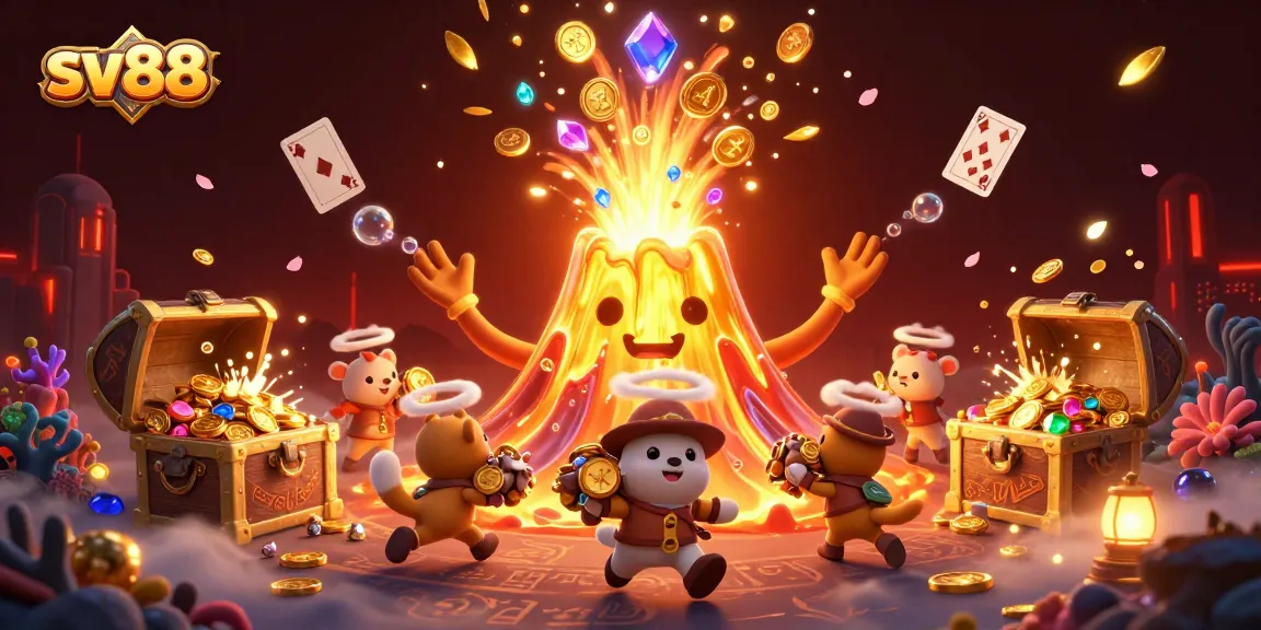 Engage with sv88's thrilling gaming experience, showcasing a victorious volcano and treasure-filled action.