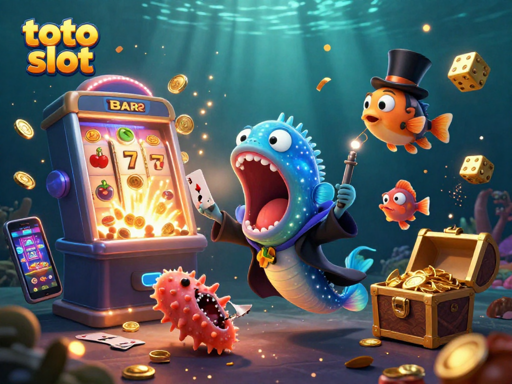 Merayakan jackpot dengan slot toto yang muncul dari mesin slot berkilau, dikelilingi karakter laut yang menghibur.