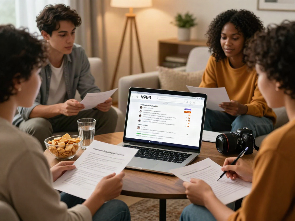 A cozy living room scene with friends discussing 먹튀검증 for safe online gambling, featuring a laptop with user reviews.