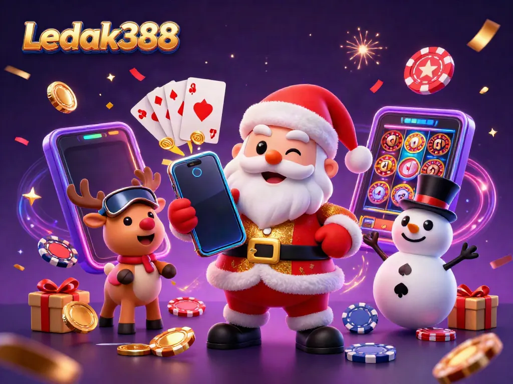 Experience the magic of Ledak388 with vibrant casino-themed illustration featuring Santa and friends.