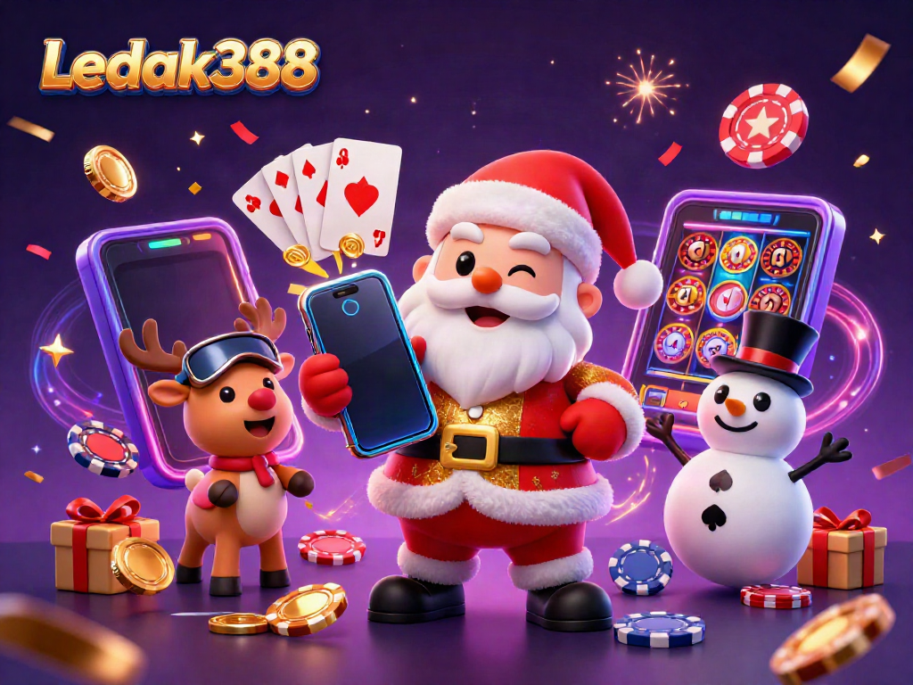 Experience the magic of Ledak388 with vibrant casino-themed illustration featuring Santa and friends.