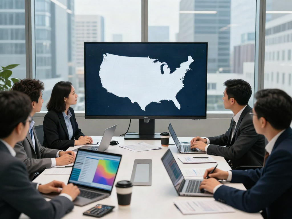 Professionals discussing largest banks in the US by assets during a strategic meeting in a modern office.