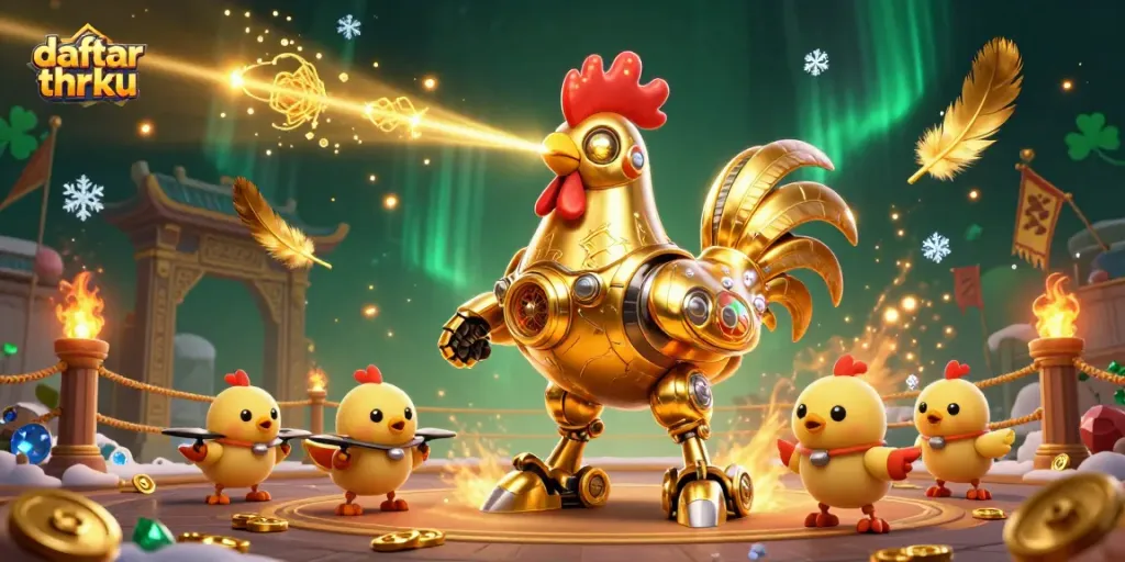 Engage in thrilling gaming adventures with daftar thrku, highlighted by a vibrant golden rooster robot and baby chick drones.