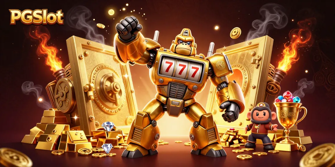 Experience excitement with PGSlot as a golden mech bursts with winning symbols and treasures.