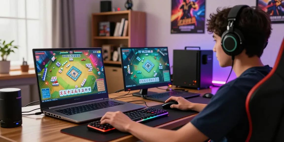 Engaged gamer on laptop playing cika4d Mahjong game in a modern gaming room.
