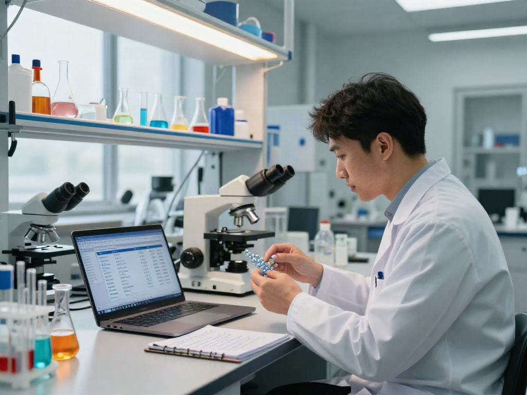Scientist analyzing peptide samples in a lab while reviewing peptide cost comparisons.