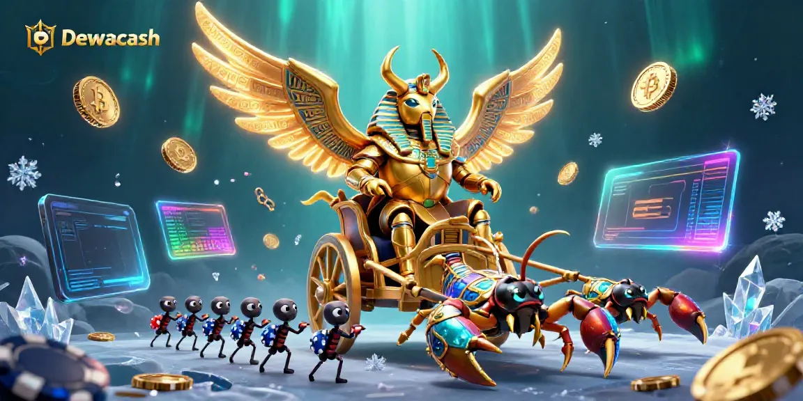 Bet on thrilling games with Dewacash, featuring colorful coins, scorpions, and a heroic beetle.