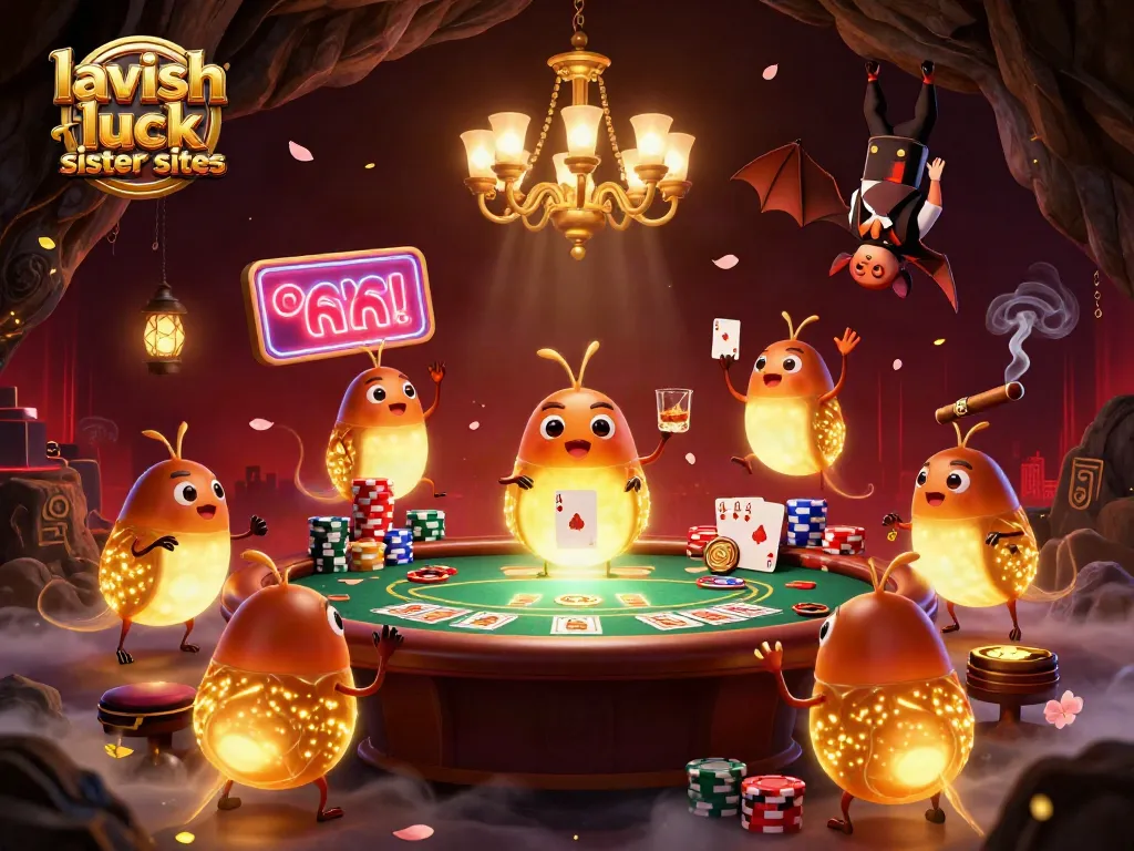 Explore lavish luck sister sites with glowworms lighting up a vibrant cave casino scene.