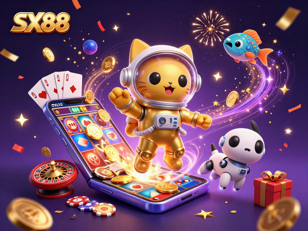 SX88 offers thrilling online gaming with a vibrant 3D illustration of a space-themed casino scene featuring a cat astronaut and a robot dog.