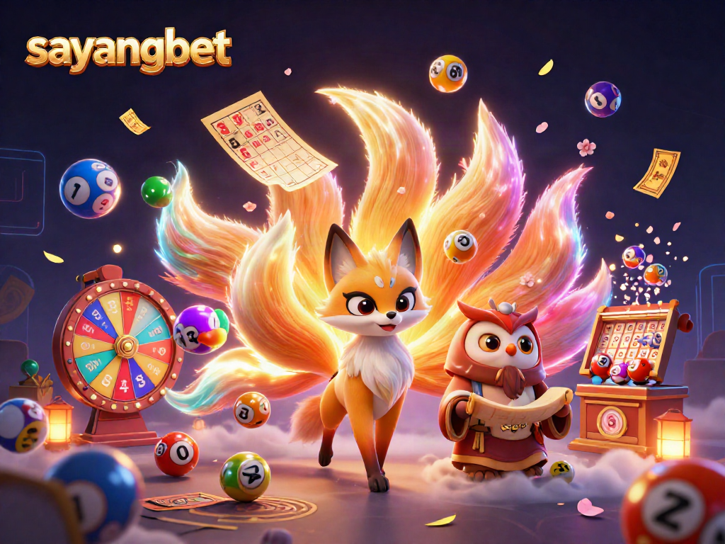 Experience the excitement of sayangbet with a vibrant 3D casino scene featuring colorful lottery balls and whimsical characters.