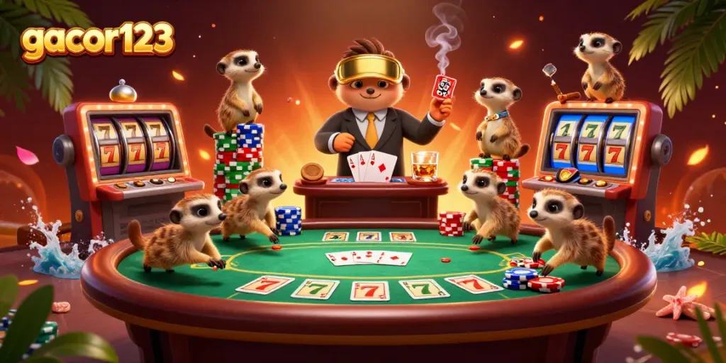 Experience exciting gaming action at gacor123 with charming meerkats in a dynamic casino scene.