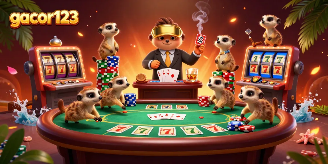 Experience exciting gaming action at gacor123 with charming meerkats in a dynamic casino scene.