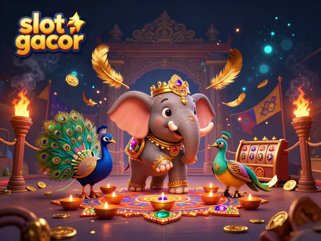 Engaging slot gacor themed scene with a cartoon elephant, peacock, and dynamic casino elements.